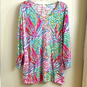 Colorful Lulu-B Floral Women's Top, size L, in pink, turquoise, yellow & white
